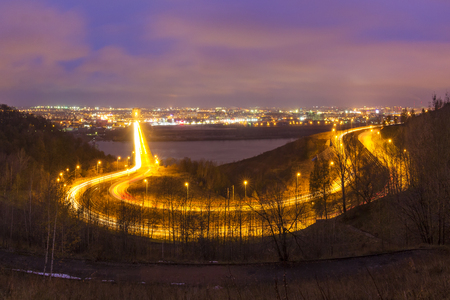 Pathway to the bridge across the Oka in the evening light in Nizhny Novgorod, Russiaの写真素材