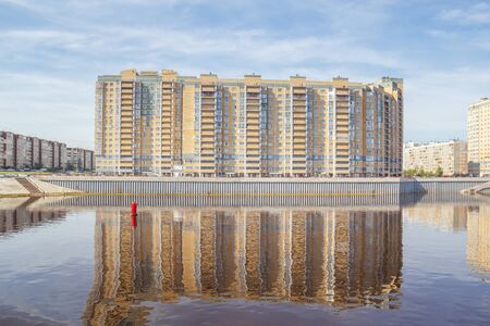 Apartment house on the river bank in Nizhny Novgorod, Russiaの写真素材