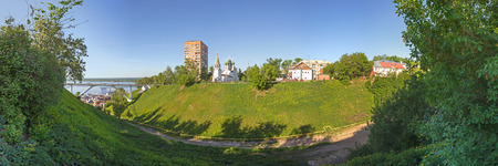 Green ravine with church and houses in Nizhny Novgorod at summer, Russiaの写真素材