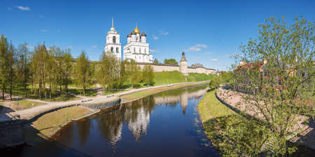 View of the Holy Trinity Cathedral and the Kremlin in Pskov, Russiaの写真素材