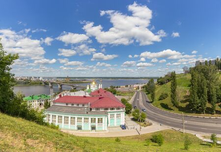 Panoramic view of the Annunciation Monastery, the arrow, the bridge, the river in Nizhny Novgorod, Russiaの写真素材
