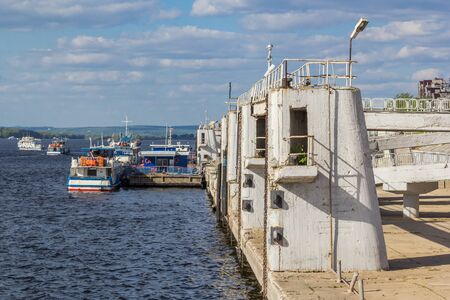 Piers at the river station in Samara in summer, Russiaの写真素材