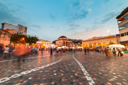 Long Exposure, wide shot at night, Monastiraki square Athens Greeceのeditorial素材