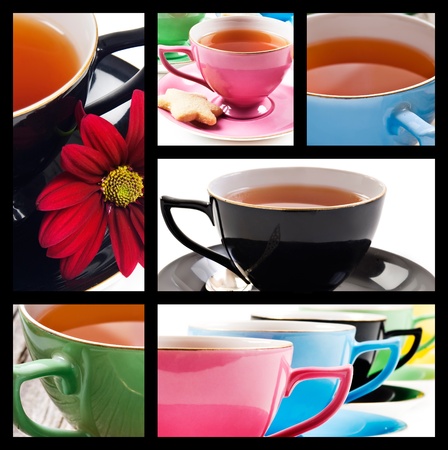 Collage of teacups in different colors on white backgroundの写真素材