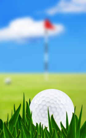 Golf ball on a golf course with the green in the background  - very shallow depth of fieldの写真素材