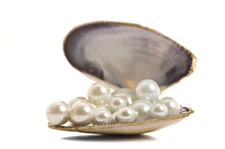 Beautiful pearls in a shell on pure white backgroundの写真素材
