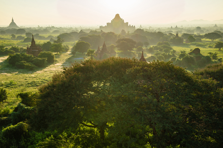 Old pagoda field sunrise time at Bagan, Bagan is ancient city with thousands of ancient temples in Myanmarの写真素材