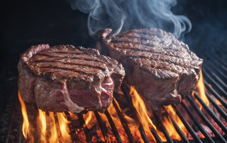 Grilled beef steaks on a barbecue grill with flames and smokeの素材