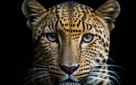 Leopard portrait on black background, Panthera pardus, close upの素材