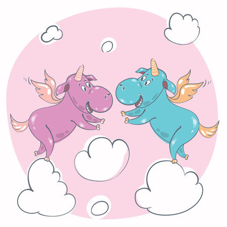 vector illustration of two unicorns in the cloudsのイラスト素材