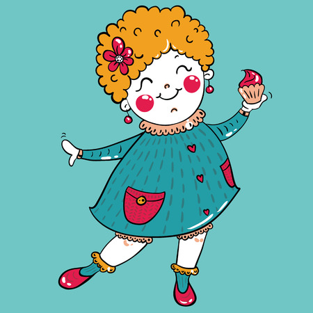 vector illustration of a charming curvy woman with cake in handのイラスト素材