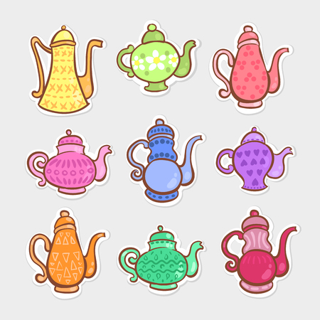 vector set of nine colorful teapots on a gray backgroundのイラスト素材