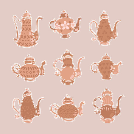 vector set of nine clay teapots on a light backgroundのイラスト素材