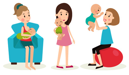 illustration set of the three elements, women and children in various posesのイラスト素材