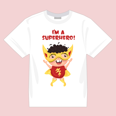 The picture with the kids superheroes for printing on clothing, t-shirt, isolated mock up on white t-shirt.のイラスト素材