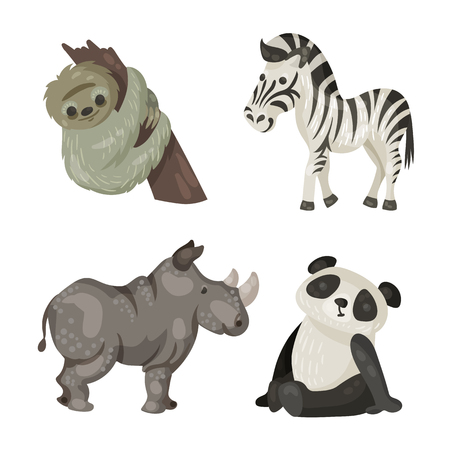 a large collection of endangered animals, giraffe, sloth, Zebra, gorilla, Rhino, Panda, elephant, addax antelope, camel, sea lion, humpback whale, turtleの写真素材