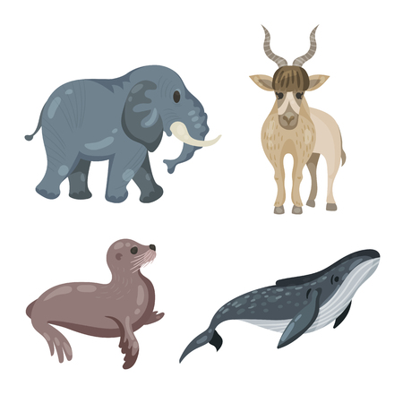 a large collection of endangered animals, giraffe, sloth, Zebra, gorilla, Rhino, Panda, elephant, addax antelope, camel, sea lion, humpback whale, turtleの写真素材