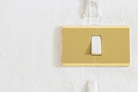 Old beige power switch on white wall; blank for copy space.
