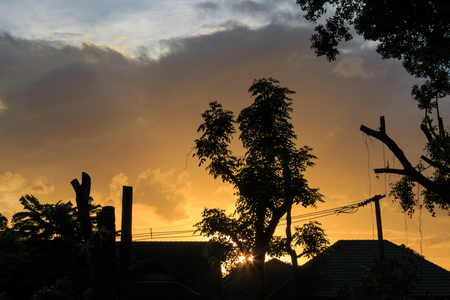 silhouette picture of tree and roof house with rain clouds and sunset at twilight.の写真素材