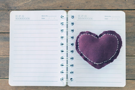 Heart pillow on a blank book on wooden table with color filter.の写真素材