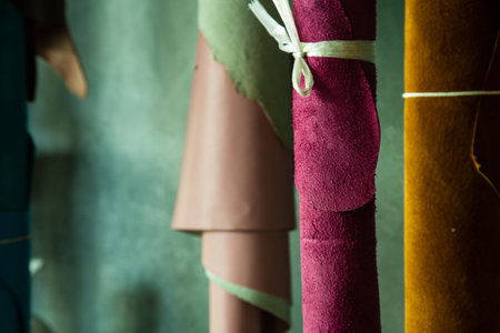 Multicolored hanging colored leather in rolls, leather craft concept.