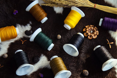 High angle view group of multicolor sewing thread on beautiful brown white cow leather one of the...