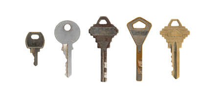 Collection of old vintage keys isolated on white background.の写真素材
