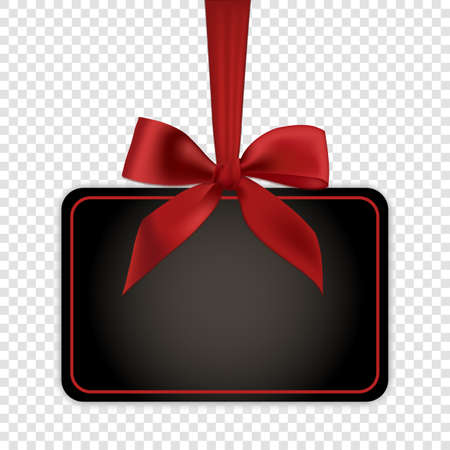 Blank black gift card template with red ribbon and a bow, vector illustration.のイラスト素材
