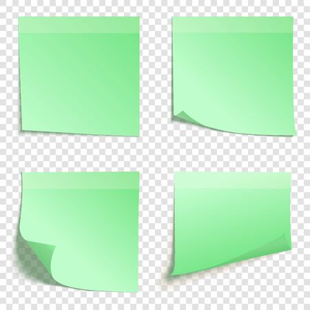 Set of square green sticky notes isolated on transparent background, vector illustrationのイラスト素材