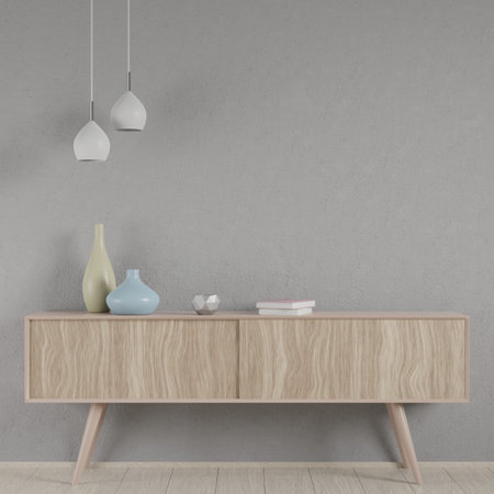 Midcenture interior with a drawer and lamps, 3D render