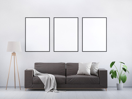 Modern vintage living room. Brown leather sofa on a grey wooden floor and light wall. Green plant and a lamp. Mockup poster in the interior. 3D render.の写真素材