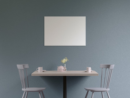 Mockup poster in the cafeteria interior, chairs and a table with dishes near the wall, 3D renderの写真素材
