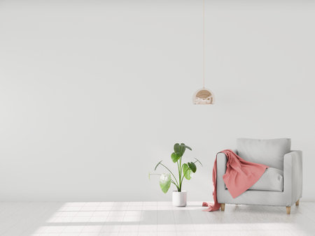 Minimalistic modern interior with an armchair and a plaid, mockup for your design. You can use this...