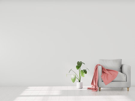 Minimalistic modern interior with an armchair and a plaid, mockup for your design. You can use this...