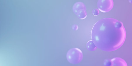 Abstract illustration with flying spheres, 3D rendering. Different sized shiny balls floating in...