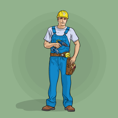 Worker in overalls and helmet with a screwdriver.のイラスト素材