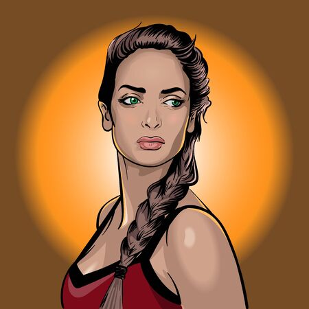 Girl. Portrait. Green-eyed brown-haired with a pensive look.Vector. Illustrationのイラスト素材