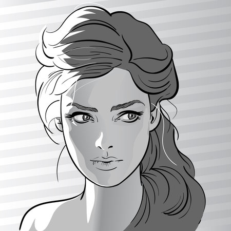 Girl portrait in back light  Cartoon style. Black and White.のイラスト素材
