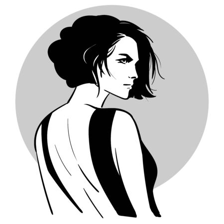 Woman face portrait. Outlines digital Sketch Hand Drawing Vector Illustrationのイラスト素材