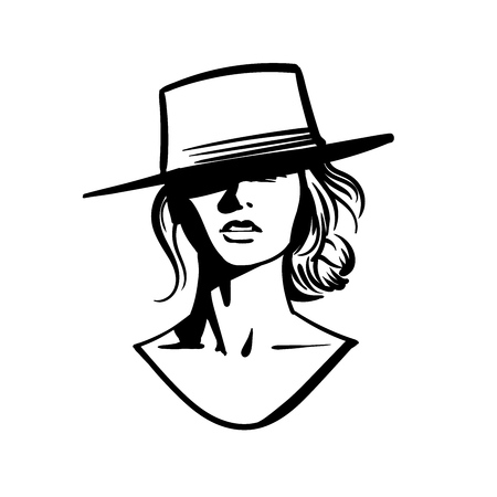 Cowboy girl face with hat. Black and white Vector. Illustrationのイラスト素材