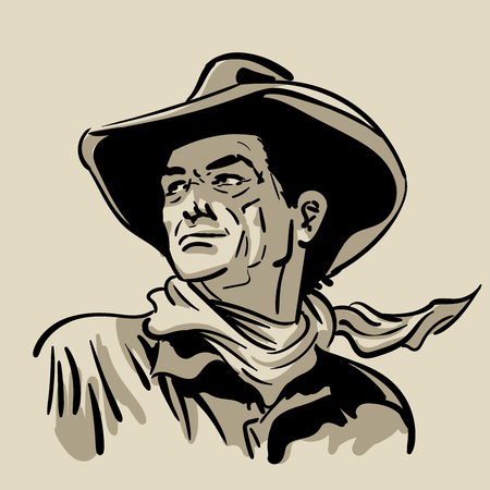 Man with cowboy hat and shirt and scarf. Western. Digital Sketch Hand Drawing Vector. Illustration.のイラスト素材