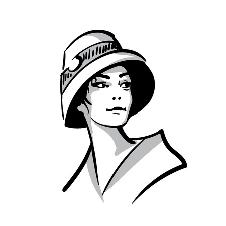 Woman face portrait with hat. Black and white. Illustration.のイラスト素材