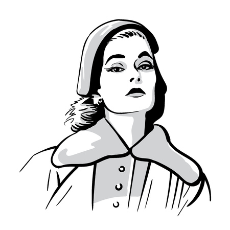 Woman face portrait with hat. Black and white. Illustration.のイラスト素材