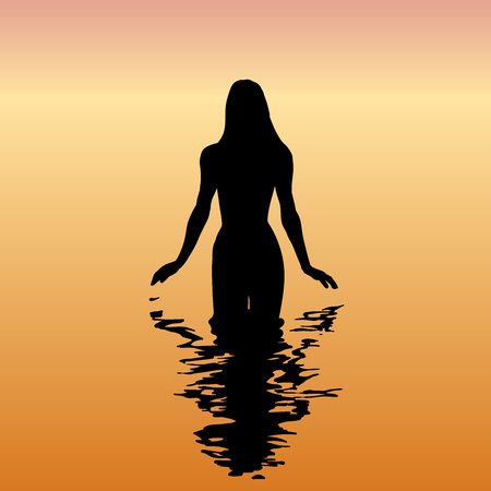 Silhouette of a woman in the sea at sunset. Vector.のイラスト素材