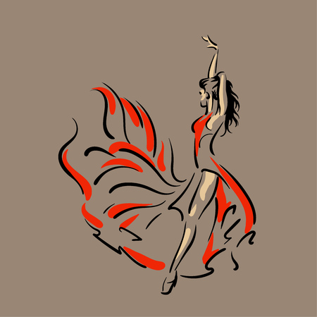 Dancing woman in red dress. Flamenco. Vector Illustrationのイラスト素材