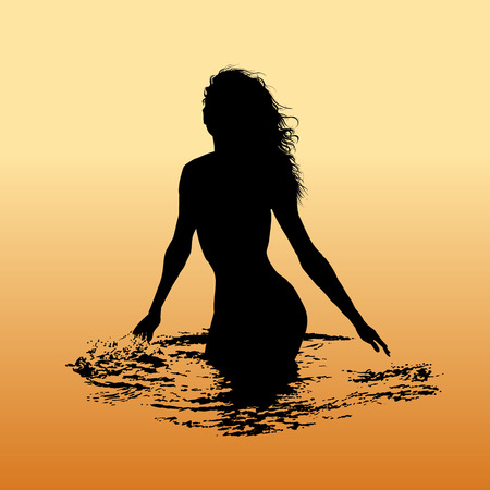 Silhouette of a woman in the sea at sunset. Vector. Illustration.のイラスト素材