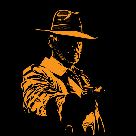 Man with hat and with gun. Portrait silhouette in backlight. Contour. Vector.のイラスト素材