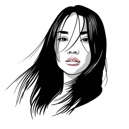 Asian girl portrait. Vector. Black and white ink style. Illustration.のイラスト素材