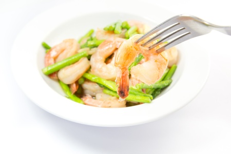 Dilicious green asparagus with prawnsの写真素材