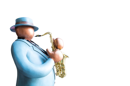 Fat man toy playing saxophone instument on white backgruound isolatedの写真素材
